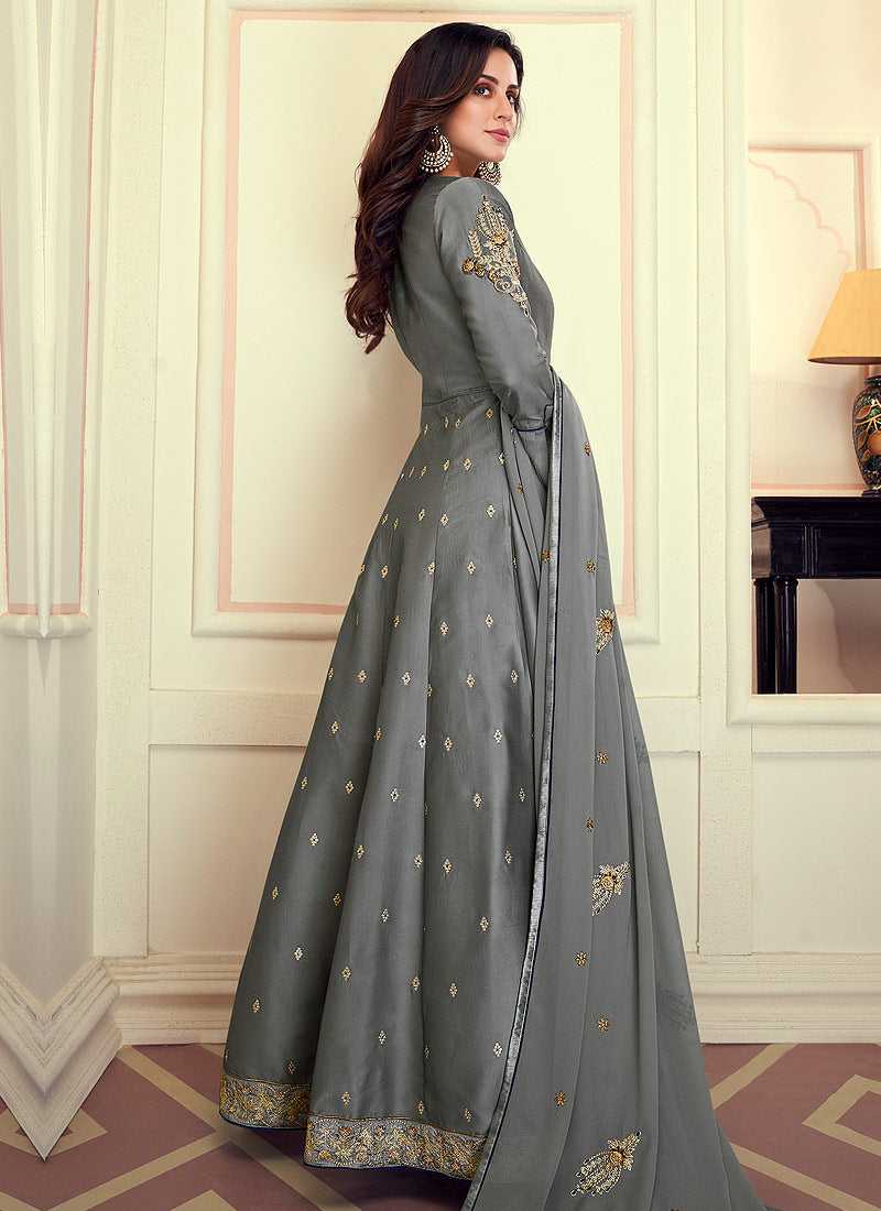 Grey Colored Kalidar Embroidered Silk Voluptuous Gown Grey / Stone / Silk Grey Colored Kalidar Embroidered Silk Voluptuous Gown Grey / Stone / Silk