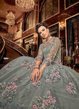 Load image into Gallery viewer, Grey Floral Pink buds Embroidered Anarkali fashionandstylish.myshopify.com