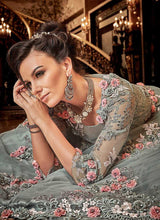 Load image into Gallery viewer, Grey Floral Pink buds Embroidered Anarkali fashionandstylish.myshopify.com