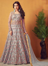 Load image into Gallery viewer, Grey Floral Embroidered Designer Lehenga Style Anarkali fashionandstylish.myshopify.com