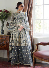 Load image into Gallery viewer, Grey Heavy Embroidered Sharara Style Suit fashionandstylish.myshopify.com