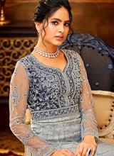 Load image into Gallery viewer, Grey and Blue Heavy Embroidered Anarkali Suit