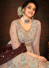 Load image into Gallery viewer, Grey and Gold Floral Embroidered Kalidar Anarkali fashionandstylish.myshopify.com