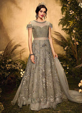 Load image into Gallery viewer, Grey and Gold Heavy Embroidered Kalidar Lehenga Style Anarkali fashionandstylish.myshopify.com