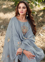 Load image into Gallery viewer, Greyish Blue Embroidered Straight Pant Style Suit fashionandstylish.myshopify.com