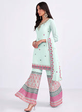 Load image into Gallery viewer, Light Blue and Pink Embroidered Gharara Suit