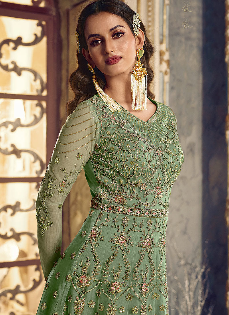 Light Green Floral Heavy Embroidered Gown Style Anarkali - India Clothing Green / Zari / Net