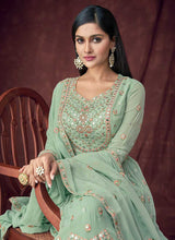 Load image into Gallery viewer, Light Green and Gold Embroidered Anarkali Style Lehenga fashionandstylish.myshopify.com