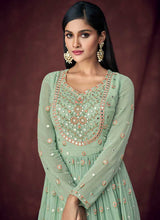 Load image into Gallery viewer, Light Green and Gold Embroidered Anarkali Style Lehenga fashionandstylish.myshopify.com