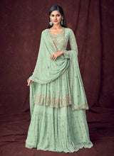 Load image into Gallery viewer, Light Green and Gold Embroidered Anarkali Style Lehenga fashionandstylish.myshopify.com