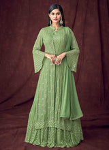 Load image into Gallery viewer, Light Green and Gold Embroidered Jacket Style Lehenga fashionandstylish.myshopify.com