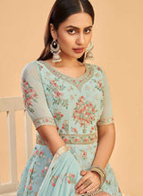 Load image into Gallery viewer, Light Teal Floral Embroidered Designer Kalidar Anarkali fashionandstylish.myshopify.com