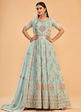 Load image into Gallery viewer, Light Teal Floral Embroidered Designer Kalidar Anarkali fashionandstylish.myshopify.com