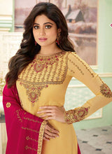 Load image into Gallery viewer, Light Yellow and Pink Embroidered Lehenga Style Anarkali Suit fashionandstylish.myshopify.com