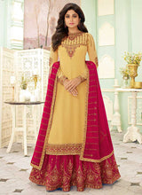 Load image into Gallery viewer, Light Yellow and Pink Embroidered Lehenga Style Anarkali Suit fashionandstylish.myshopify.com