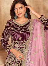 Load image into Gallery viewer, Magenta Heavy Embroidered Kalidar Velvet Anarkali Suit fashionandstylish.myshopify.com