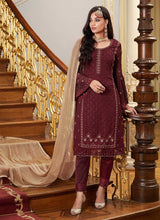 Load image into Gallery viewer, Maroon Embroidered Straight Pant Style Suit fashionandstylish.myshopify.com