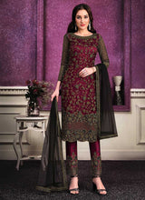 Load image into Gallery viewer, Maroon Heavy Net Embroidered Straight Pant Style Suit fashionandstylish.myshopify.com
