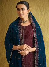 Load image into Gallery viewer, Maroon and Blue Embroidered Stylish Palazzo Style Suit fashionandstylish.myshopify.com