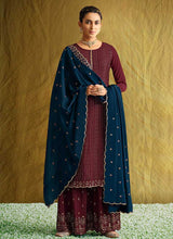 Load image into Gallery viewer, Maroon and Blue Embroidered Stylish Palazzo Style Suit fashionandstylish.myshopify.com