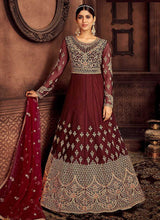 Load image into Gallery viewer, Maroon and Gold Embroidered Kalidar Designer Anarkali Suit fashionandstylish.myshopify.com