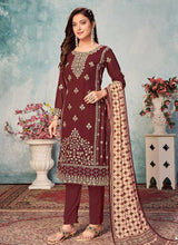 Load image into Gallery viewer, Maroon and Gold Embroidered Trendy Pant Style Suit fashionandstylish.myshopify.com