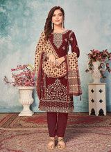 Load image into Gallery viewer, Maroon and Gold Embroidered Trendy Pant Style Suit fashionandstylish.myshopify.com