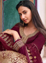 Load image into Gallery viewer, Maroon and Gold Heavy Embroidered Designer Palazzo Style Suit fashionandstylish.myshopify.com