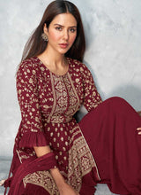 Load image into Gallery viewer, Maroon and Gold Heavy Embroidered Stylish Palazzo Suit fashionandstylish.myshopify.com
