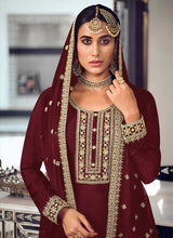 Load image into Gallery viewer, Maroon and Gold Heavy Embroidered Stylish Palazzo Suit fashionandstylish.myshopify.com
