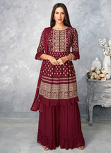 Load image into Gallery viewer, Maroon and Gold Heavy Embroidered Stylish Palazzo Suit fashionandstylish.myshopify.com