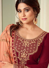 Load image into Gallery viewer, Maroon and Peach Embroidered Lehenga Style Anarkali Suit fashionandstylish.myshopify.com
