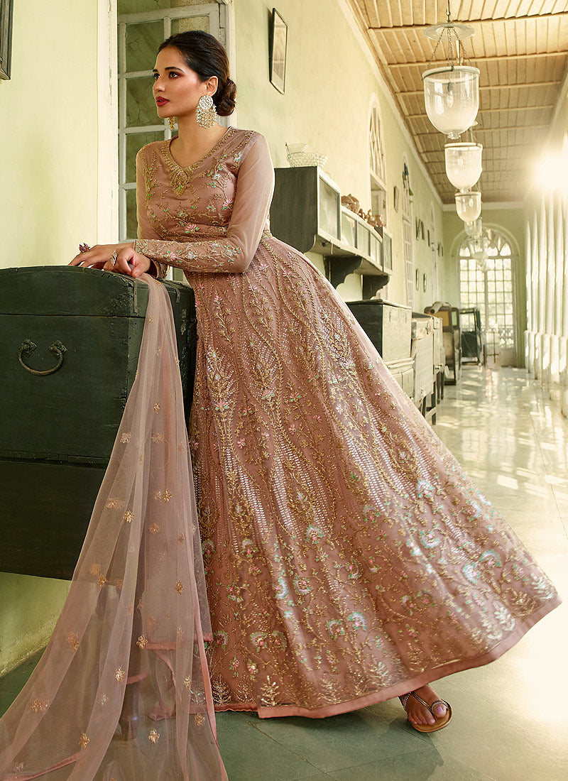 green emerald velvet dress Fendy Silk Heavy Embroidered Flared Anarkali Suit – RENWICH