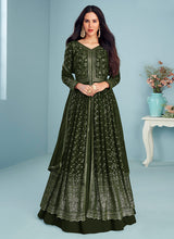 Load image into Gallery viewer, Mehendi Green Sequins Embroidered Kalidar Anarkali