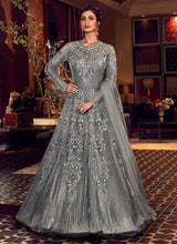 Load image into Gallery viewer, Metallic Grey Heavy Embroidered Gown Style Anarkali Suit fashionandstylish.myshopify.com
