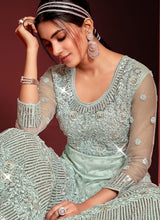 Load image into Gallery viewer, Mint Green Heavy Embroidered Kalidar Anarkali