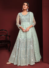 Load image into Gallery viewer, Mint Green Heavy Embroidered Kalidar Anarkali