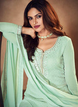 Load image into Gallery viewer, Mint Green Mirror Embroidered Palazzo Style Suit fashionandstylish.myshopify.com