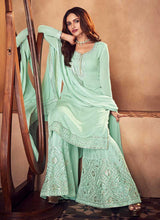 Load image into Gallery viewer, Mint Green Mirror Embroidered Palazzo Style Suit fashionandstylish.myshopify.com