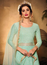 Load image into Gallery viewer, Mint Green and Gold Heavy Embroidered Kalidar Lehenga Style Anarkali fashionandstylish.myshopify.com