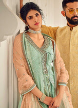 Load image into Gallery viewer, Mint Green and Peach Embroidered Sharara Style Suit fashionandstylish.myshopify.com