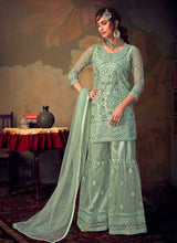 Load image into Gallery viewer, Mint Heavy Embroidered Net Sharara Style Suit fashionandstylish.myshopify.com