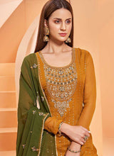 Load image into Gallery viewer, Mustard-Green Sequins Embroidered Gharara Style Suit fashionandstylish.myshopify.com