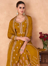 Load image into Gallery viewer, Mustard Embroidered Sharara Style Suit