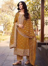 Load image into Gallery viewer, Mustard Heavy Embroidered Designer Silk Pant Suit