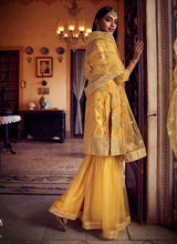 Load image into Gallery viewer, Mustard Yellow Mirror Embroidered Gharara Style Suit fashionandstylish.myshopify.com