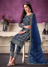 Load image into Gallery viewer, Navy Blue Heavy Net Embroidered Straight Pant Style Suit fashionandstylish.myshopify.com