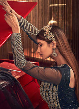 Load image into Gallery viewer, Navy Blue and Gold Heavy Embroidered Jacket Style Anarkali fashionandstylish.myshopify.com