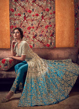 Load image into Gallery viewer, Off-White and Blue Heavy Embroidered Lehenga/ Pant Style Anarkali fashionandstylish.myshopify.com