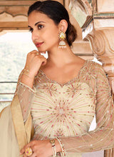 Load image into Gallery viewer, Off White Gold Heavy Embroidered Lehenga Style Anarkali fashionandstylish.myshopify.com